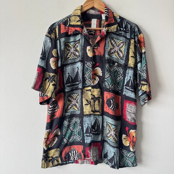 Burma‎ Bibas Shirt Mens XL Colorful SIlk Tropical Sailboat Resort Vacation Camp - Picture 1 of 8
